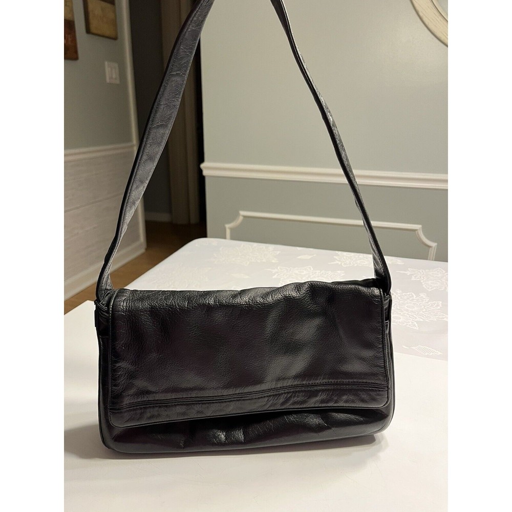 Perlina New York Soft Black Leather Shoulder Handbag Multi Compartments EUC